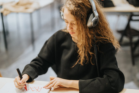 Focused high school student taking notes while listening to music