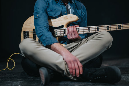 Man Relaxing with Electric Bass Guitar in an Artistic Environment