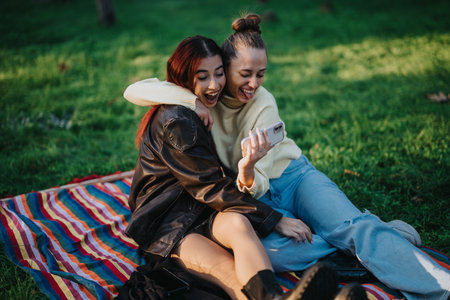Two friends laughing together while looking at a smart phone outdoorsの写真素材
