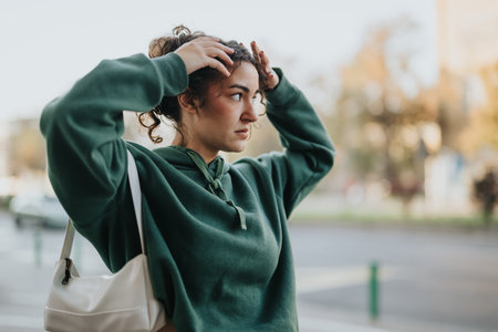 Woman adjusting hair outdoors with focused expression on a city streetの写真素材