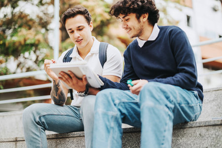 Students discussing homework outside after school in the cityの写真素材
