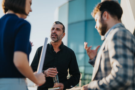 Diverse business people discussing on a high tower balcony at sunsetの写真素材
