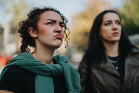 Two young women outside expressing thoughts and feelings in an urban environmentの写真素材