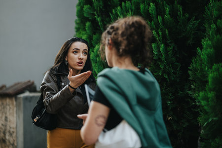 Two Women in an Emotional Interaction Outdoors Near Green Foliageの写真素材