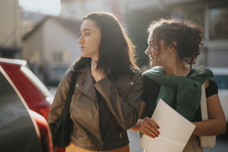 Two young women talking while walking outdoors in a sunny neighborhoodの写真素材