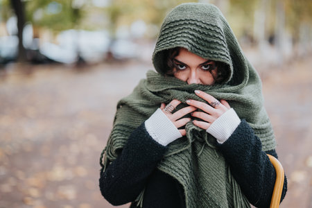 Woman Wrapped in Scarf Peering Intently Outdoors on a Blurry Autumn Dayの写真素材
