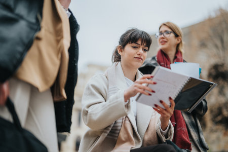 Group of businesswomen discussing and reviewing documents outdoorsの写真素材