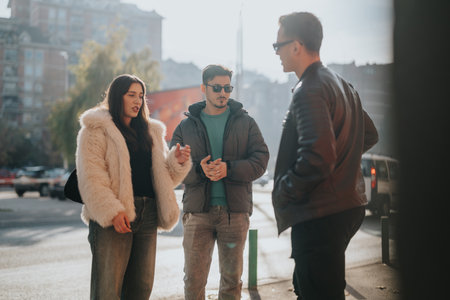 Three friends hanging out in a sunny urban environment