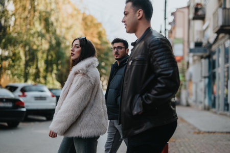Friends strolling through a city street during a casual autumn dayの写真素材