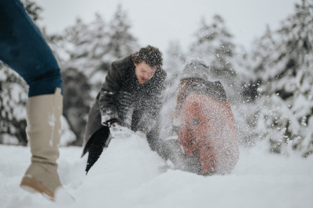 Group of friends enjoying a snowball fight together in a winter wonderland