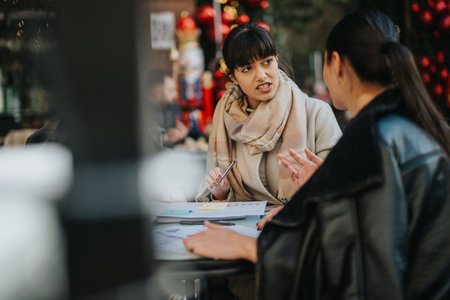 Two women discussing documents in an outdoor business meeting settingの写真素材