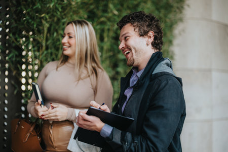 Business professionals enjoying a casual outdoor meetingの写真素材