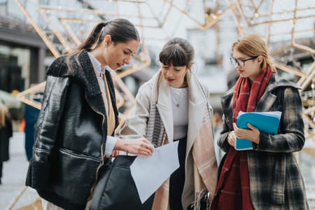 Group of women brainstorming ideas during an outdoor winter meetingの写真素材