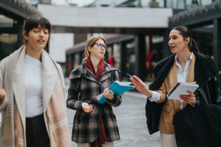Group of women discussing documents outdoors in an urban settingの写真素材