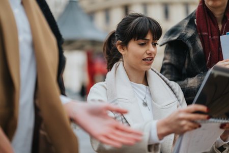 Focused professional women examining documents in an outdoor urban setting