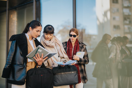 Three businesswomen collaborating outside while reviewing documents in a professional settingの写真素材