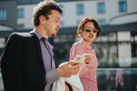 Business colleagues having a conversation in an urban environmentの写真素材