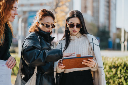 Three women discussing ideas outdoors, focusing on strategy and decision-makingの写真素材