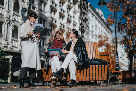 Multicultural businesswomen collaborating outdoors on a sunny day in autumnの写真素材