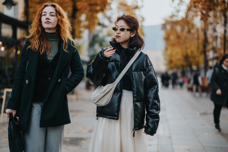 Two stylish women walking on a city street during autumn seasonの写真素材