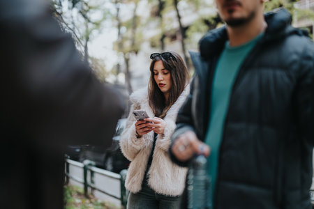 Young woman using smart phone outdoors while dressed in a fashionable winter outfitの写真素材