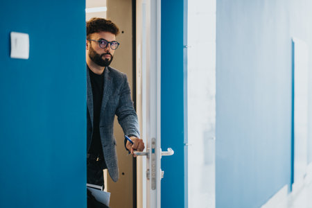 Man entering a modern blue-painted office space with confidenceの写真素材