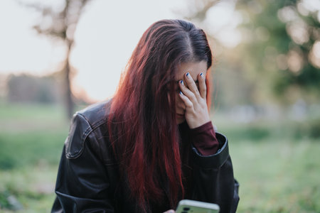 Woman sitting in park covering face in distress holding a smart phoneの写真素材