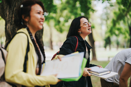 Multicultural students collaborating outdoors after school in a parkの写真素材