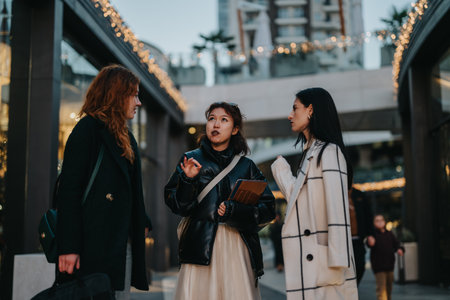 Three professional women collaborating outdoors in a vibrant urban locationの写真素材