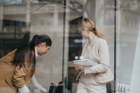 Two professional women collaborating in office setting by a glass wallの写真素材