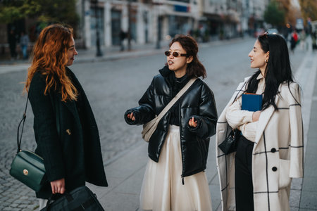 Three stylish friends having a chat outdoors in an urban environment