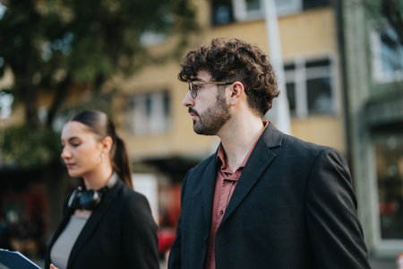 Business people walking outdoors in an urban settingの写真素材