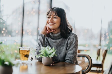 Smiling woman enjoying tea at a cozy cafe with festive decorの写真素材