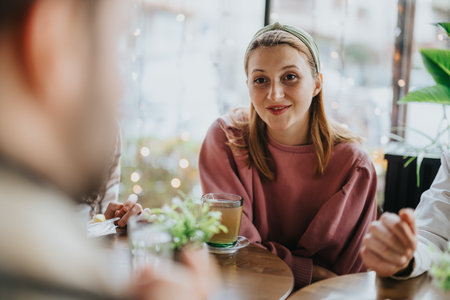 Young woman socializing at a cozy cafe with bright natural light