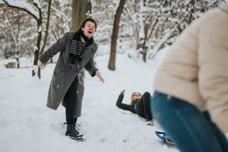 Joyful friends enjoying a fun winter day in the snow togetherの写真素材