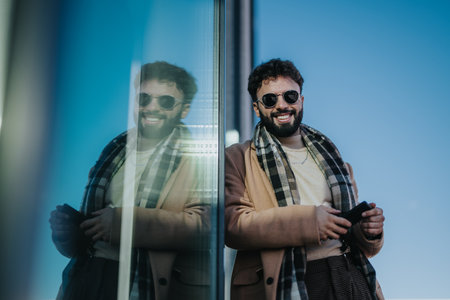 Confident young man outdoors with reflection on glass and clear blue sky
