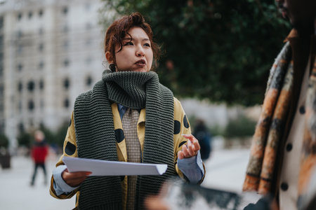 Young professional discussing in an urban setting with various individuals