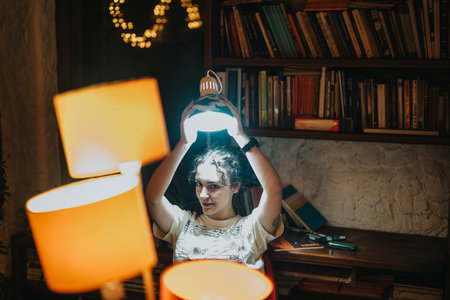 Cozy library scene with person showcasing creativityの写真素材