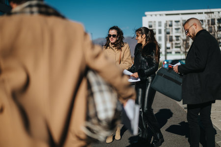 Group of professionals having a discussion outdoors in sunny urban settingの写真素材