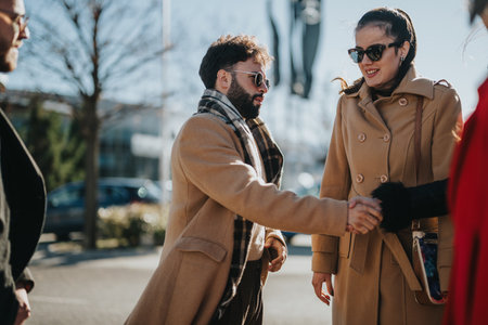 Group of professionals interacting and shaking hands in an outdoor settingの写真素材