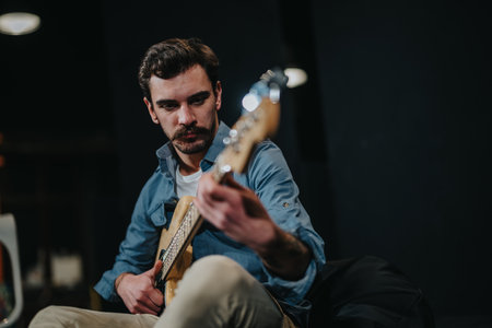 Man playing guitar in studio setting with focus on instrumentの写真素材