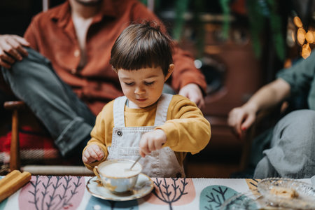 Young child enjoying a drink with family in a cozy, warm home environmentの写真素材