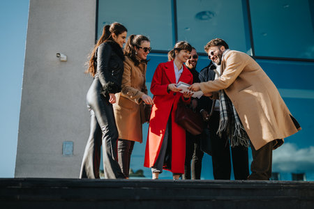Group of business professionals collaborating outdoors on a sunny dayの写真素材