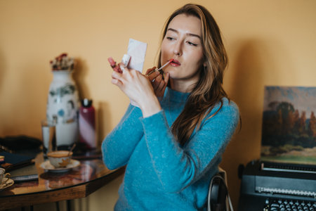 Woman applying makeup while sitting in a stylish cozy roomの写真素材