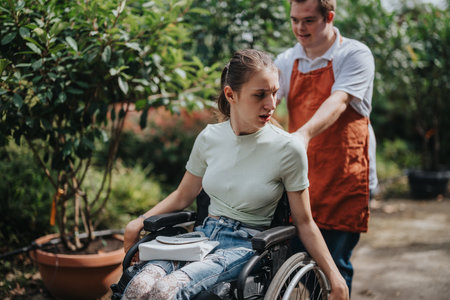 Girl in wheelchair assisted by boy with Down syndrome outdoors