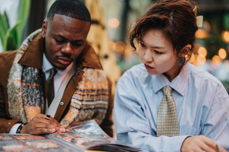 Two people discussing a brochure at a business meeting outdoorsの写真素材