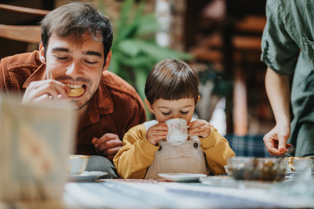 Father and child enjoying a cozy tea time moment at homeの写真素材
