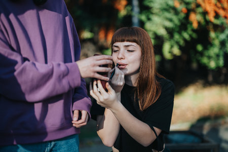 Young woman applying lipstick assisted by friend outdoors