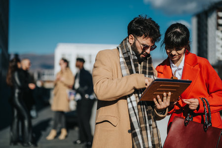 Young professionals discussing business insights on a sunny outdoor urban settingの写真素材