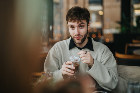 Man enjoys a drink in a cozy cafe with a relaxed ambianceの写真素材